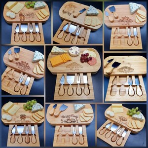 May include: A set of six personalized bamboo cheese boards with a variety of cheese, crackers, and grapes. Each board features a unique design and inscription, including "The Burton's Est. 2019", "Gem & James", "The Lynch Family", "The Legend", and "Dad".