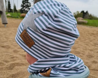 Mütze Loop Set Frühling Sommer Beanie doppellagig Jersey  Baby Jungen Mädchen Streifen mit Stern mint weiß gestreift Kind Strand