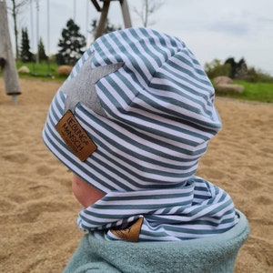 Mütze Loop Set Frühling Sommer Beanie doppellagig Jersey Baby Jungen Mädchen Streifen mit Stern mint weiß gestreift Kind Strand Bild 1