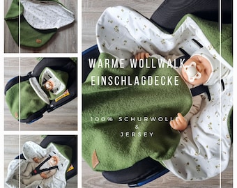 Wollwalk Einschlagdecke grün Marienkäfer 100% Schurwolle gefüttert Jersey Babydecke Herbst Winter Frühling Babyschale Kind unisex Decke