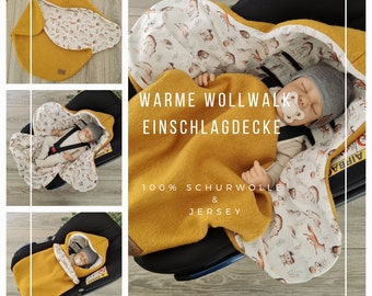 Wollwalk Einschlagdecke creme senf aus 100% Schurwolle gefüttert Jersey Babydecke Herbst Winter Babyschale Babysafe unisex Kinder Decke