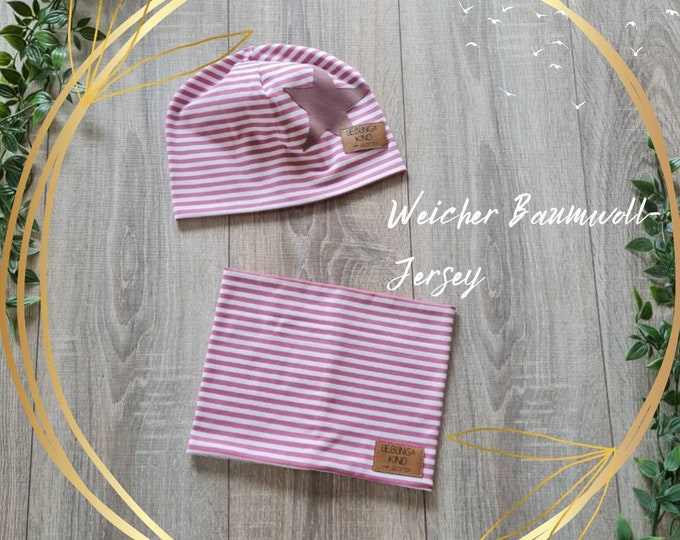 Hat loop set spring summer beanie double layer jersey baby girl stripes with star pink white striped child beach