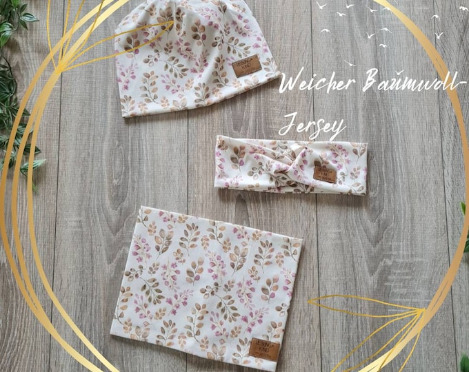 Children's beanie hat hairband & loop neck sock double-layered jersey scarf spring summer cream pink eucalyptus flowers baby girl TIDES