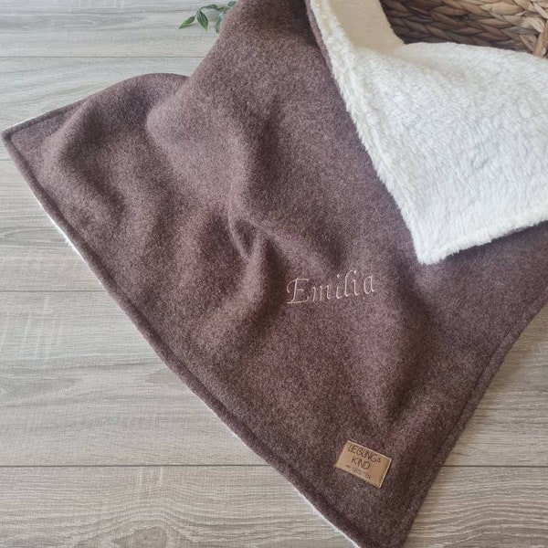 Wolldecke 100% Schurwolle braun gefüttert mit Teddyfleece personalisierbar Baumwolle Wollwalk Babydecke Kuscheldecke  Frühling Kinder Decke