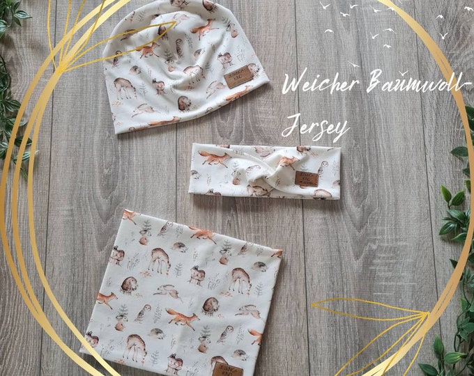 Children's Beanie Hat Hairband & Loop Neck Sock Double Layer Jersey Scarf Spring Summer Cream Forest Animals Baby Girls TIDES