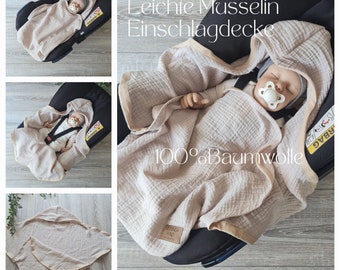 Leichte luftige Musselin Einschlagdecke für Babyschale 100% Baumwolle creme Babydecke Sommer Geburt Babysafe Kind Decke
