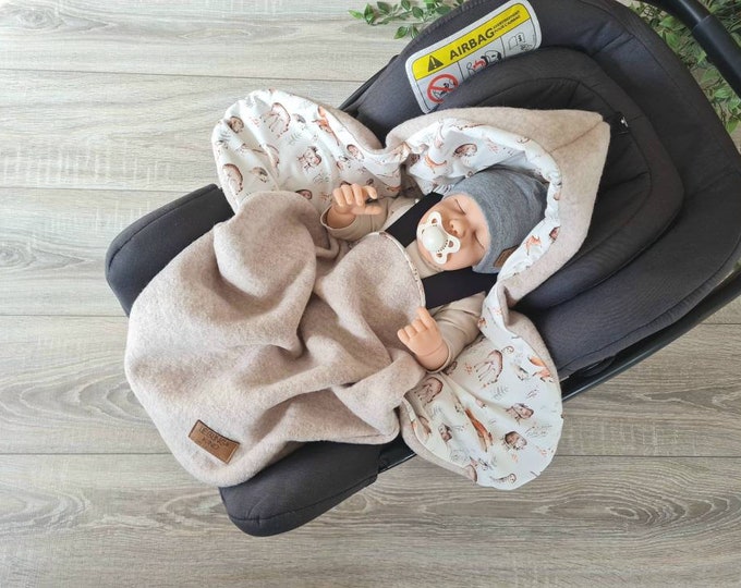 Wool walk 5-point belt swaddling blanket walk beige cream 100% virgin wool & jersey baby blanket forest animals spring baby seat unisex child blanket