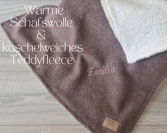 Wolldecke 100% Schurwolle braun gefüttert mit Teddyfleece personalisierbar Baumwolle Wollwalk Babydecke Kuscheldecke  Frühling Kinder Decke