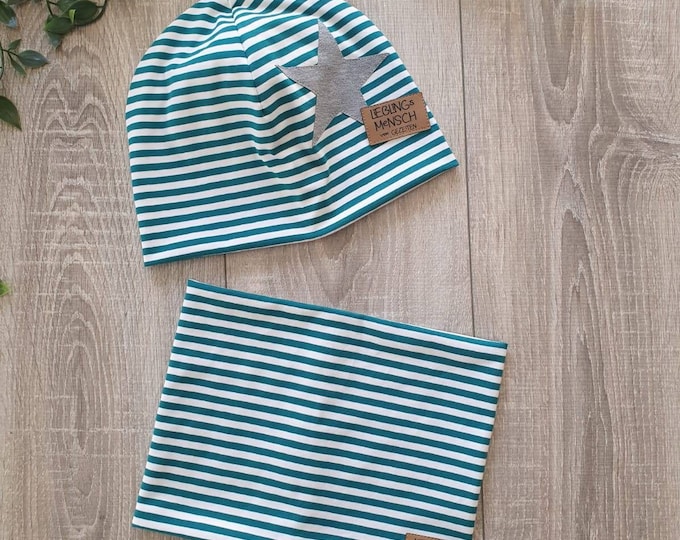 Hat Loop Set Spring Summer Beanie double layered jersey baby boys girls stripes star turquoise white grey striped child beach