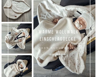 Wollwalk Einschlagdecke creme aus 100% Schurwolle gefüttert Jersey Babydecke Herbst Winter Frühling Babyschale Kind unisex Kinder Decke