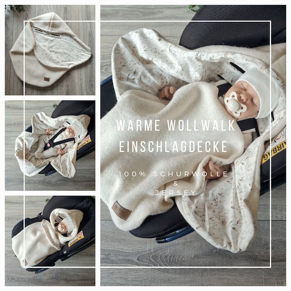 Wollwalk Einschlagdecke creme aus 100% Schurwolle gefüttert Jersey Babydecke Herbst Winter Frühling Babyschale Kind unisex Kinder Decke