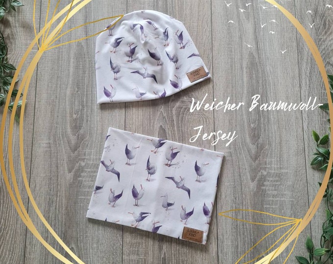 Children's Beanie Hat Hairband & Loop Neck Sock Double Layer Jersey Scarf Spring Summer White Maritime Seagull Seagulls Baby Boys Girls TIDES