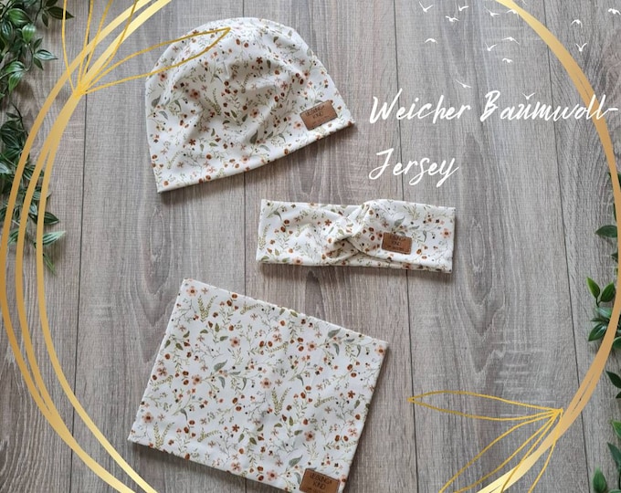 Children's Beanie Hat Hairband & Loop Neck Sock Double Layer Jersey Scarf Spring Summer Cream Small Flowers Baby Girls TIDES