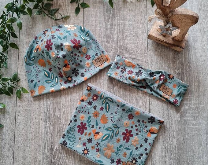 Hat beanie hair band & loop neck sock scarf double layer jersey fleece spring summer 40-57 cm mint gold birds baby child girl TIDES