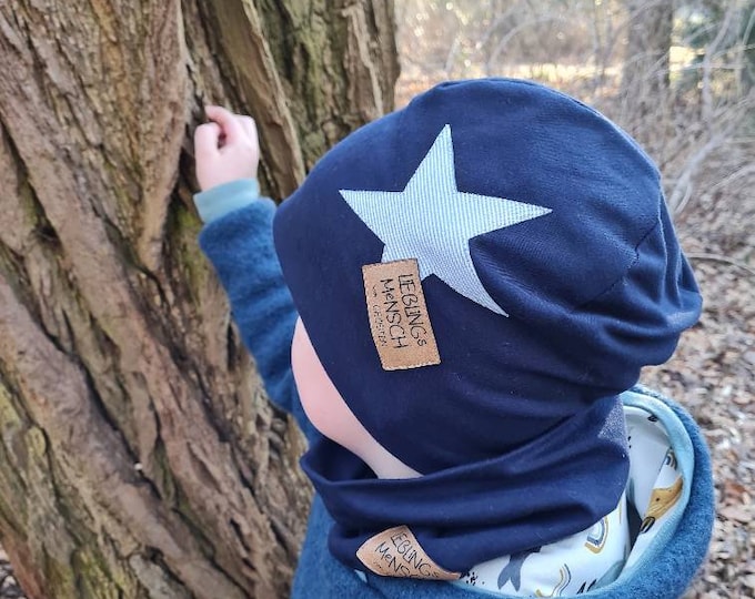 Hat Loop Set Spring Summer Beanie double layered jersey baby boys girls stripes with star navy blue child beach