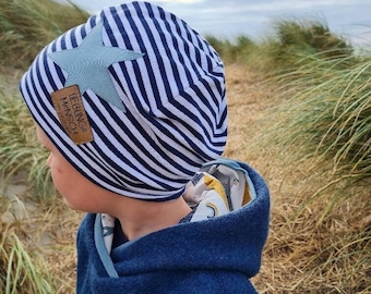 Mütze Loop Set Frühling Winter Beanie doppellagig Jersey  Baby Jungen Mädchen Streifen Stern blau marine weiß gestreift Kind Strand