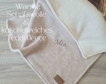 Wolldecke 100% Schurwolle beige gefüttert mit Teddyfleece personalisierbar Baumwolle Wollwalk Babydecke Kuscheldecke Frühling Kinder Decke