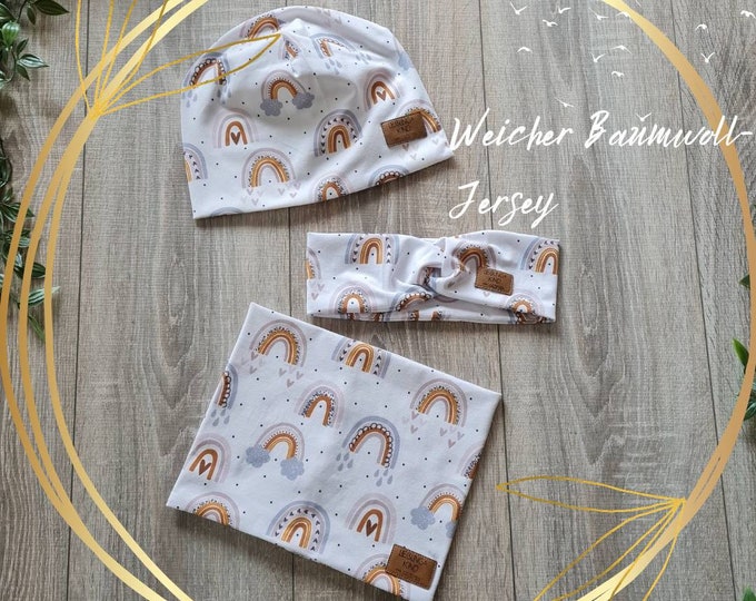 Children's Beanie Hat Hairband & Loop Neck Sock Double-Layer Jersey Scarf Spring Summer Cream Rainbow Baby Girl TIDES