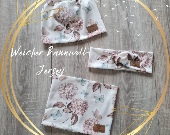 Children's Beanie Hat Hairband & Loop Neck Sock Double Layer Jersey Scarf Spring Summer Cream Butterfly Flowers Baby Girls TIDES