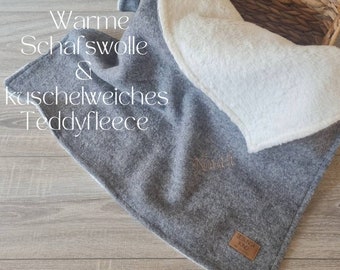 Wolldecke 100% Schurwolle grau gefüttert mit Teddyfleece personalisierbar Baumwolle Wollwalk Babydecke Kuscheldecke Frühling Kinder Decke