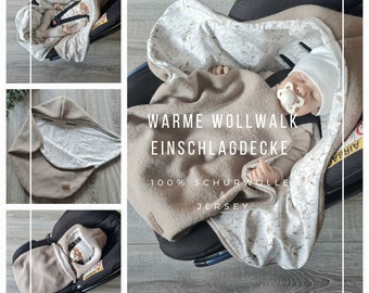 Wollwalk Einschlagdecke beige aus 100% Schurwolle gefüttert Jersey Babydecke Herbst Winter Babyschale Babysafe unisex Kinder Decke