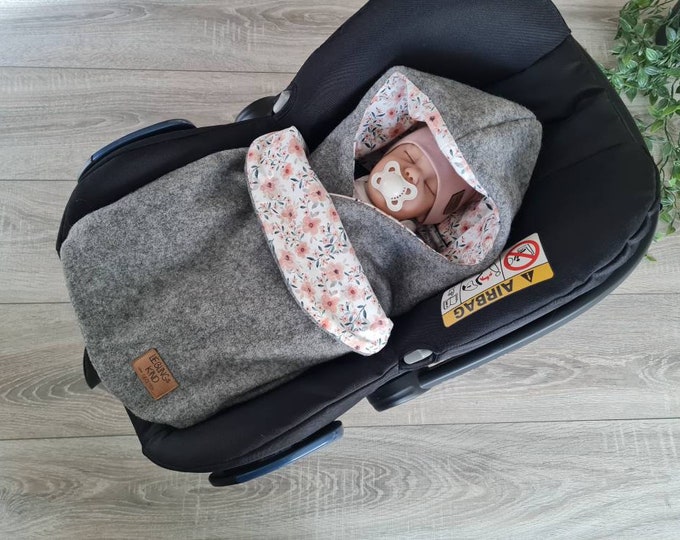 Wool felt wrap blanket made of 100% new wool lined jersey flowers baby blanket autumn winter baby seat baby safe child unisex blanket TIDES