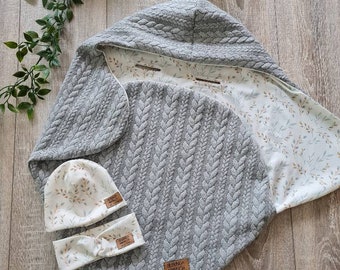 JACQUARD Einschlagdecke grau Babydecke Zopfmuster Maxi Cosi Babyschale Geburt Babysafe Jersey Herbst Frühling Kinder unisex Decke GEZEITEN