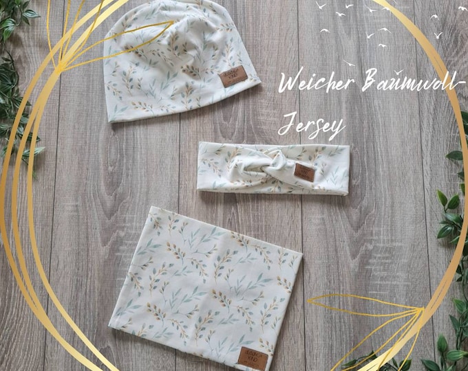 Children's Beanie Hat Hairband & Loop Neck Sock Double Layer Jersey Scarf Spring Summer Cream Pussy Willow Girls GEZEITEN