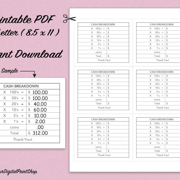 Cash Drawer Breakdown Sheets Etsy