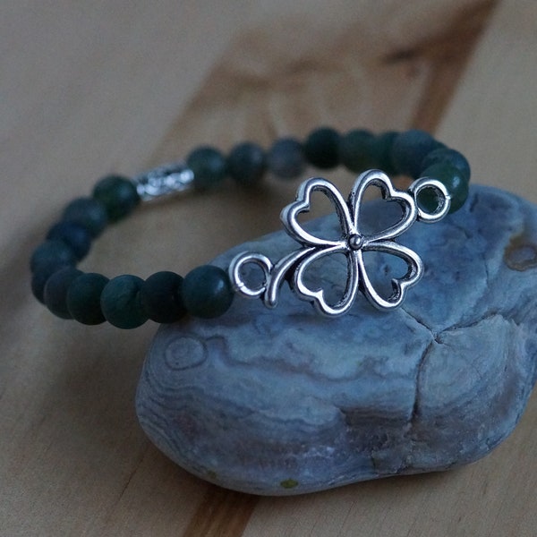 Bracelet "Trèfle à 4 feuilles" - agate mousse (mate ou brillante) - perles de 6mm - Porte bonheur - St Patrick's day