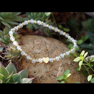"Sweet Love" Bracelet - 4mm faceted rock crystal beads and 22K gold plated beads - 14K gold plated heart