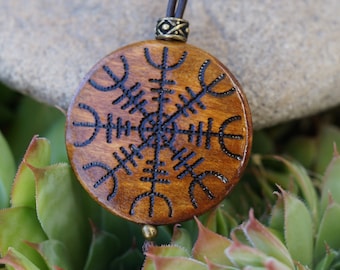 Viking Aegishjamur Pendant Necklace - Protective Talisman - Pyrographed, stained, hand varnished wood - adjustable and customizable