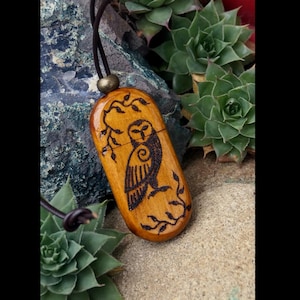 May include: A wooden owl pendant with a brown leather cord. The owl is carved into the wood and has a black and white design. The pendant is hanging from a branch with green leaves.