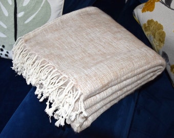 Yak Wool Blanket Soft Oversized Shawl/Throws Beige Hand-Loomed Large Travel Meditation Wrap Nepal