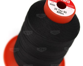 May include: A black spool of Serafil thread with a red label. The label reads "Serafil", "Amann Group", "Col 4000", "30 Tex 90", and "900m".