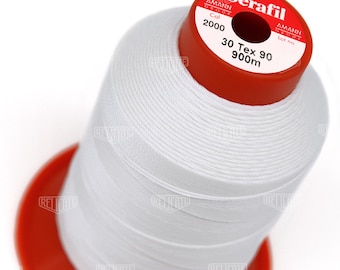 Serafil Polyester Sewing Thread Color 2000 Bright White Size 30 (TEX 90), Size 20 (TEX 135), Size 15 (TEX 210), Size 10 (Tex 270)