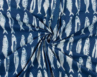 Indian Blue Fish Printed Cotton Fabric: Hand Block Printed Textile Fab