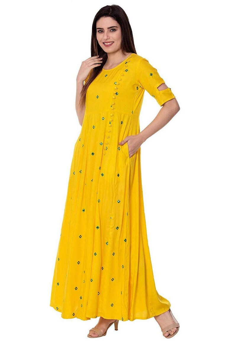 Indian Handmade Embroidered Full Mirrror Work Anarkali Rayon Kurti Yellow Kurtis boho wedding dress Pocket Kurtis Ethnic Kurtis