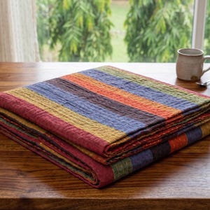 Multi Colorful Striped Patchwork Cotton Blanket, Bedspread Hippie Boho Vintage Throw Blanket