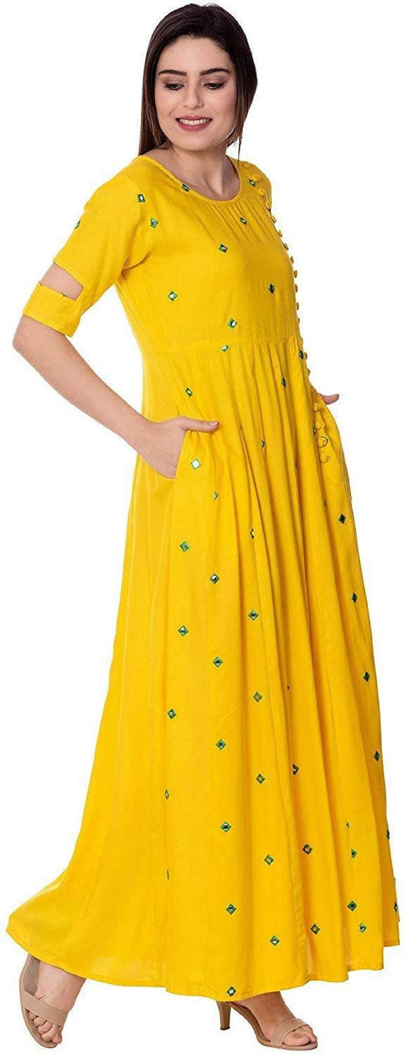 Indian Handmade Embroidered Full Mirrror Work Anarkali Rayon Kurti Yellow Kurtis boho wedding dress Pocket Kurtis Ethnic Kurtis