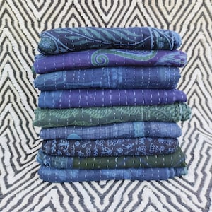 Blaue Färbung Baumwolle Kantha Quilt 10 Teile Lot: Indische Patchwork Decke, Doppelgröße