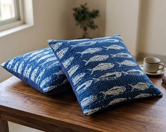 Indigo Blue Fish Printed Pillow Cover Set: Hand-Stitched Cotton Kantha cushion cover