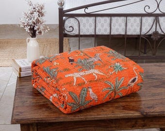 Indian Handmade cotton Kantha Quilt: Jungle Print Orange Color Bedspread