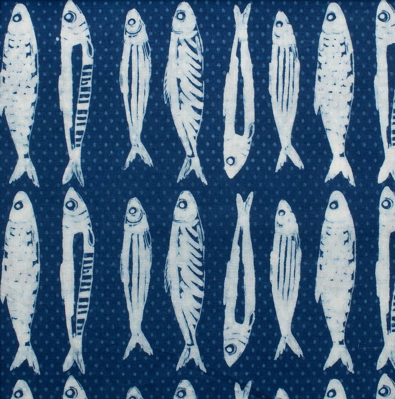 Indigo Blue Fish Print Cotton Fabric - Hand Block Printed Fabric Indian ...
