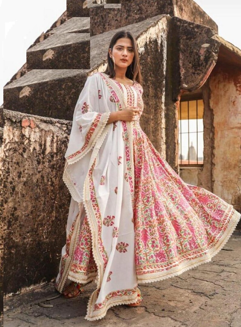 Gota Detailing Gold Printed Gift for her Christmas Day Special Indian Bollywood Designer Printed Anarkali Kurta Pant With Dupatta Set