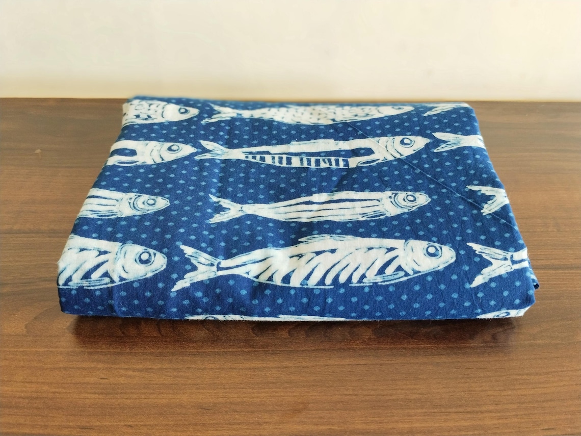 Indigo Blue Fish Print Cotton Fabric - Hand Block Printed Fabric Indian ...