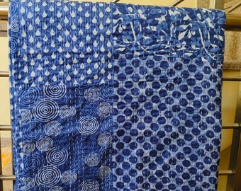 Indian Handmade Special Blue Color Indigo Printed  Kantha Gudri, Throw Blanket, Bohemian Printed Kantha Gudri, Mother's Day Gifts