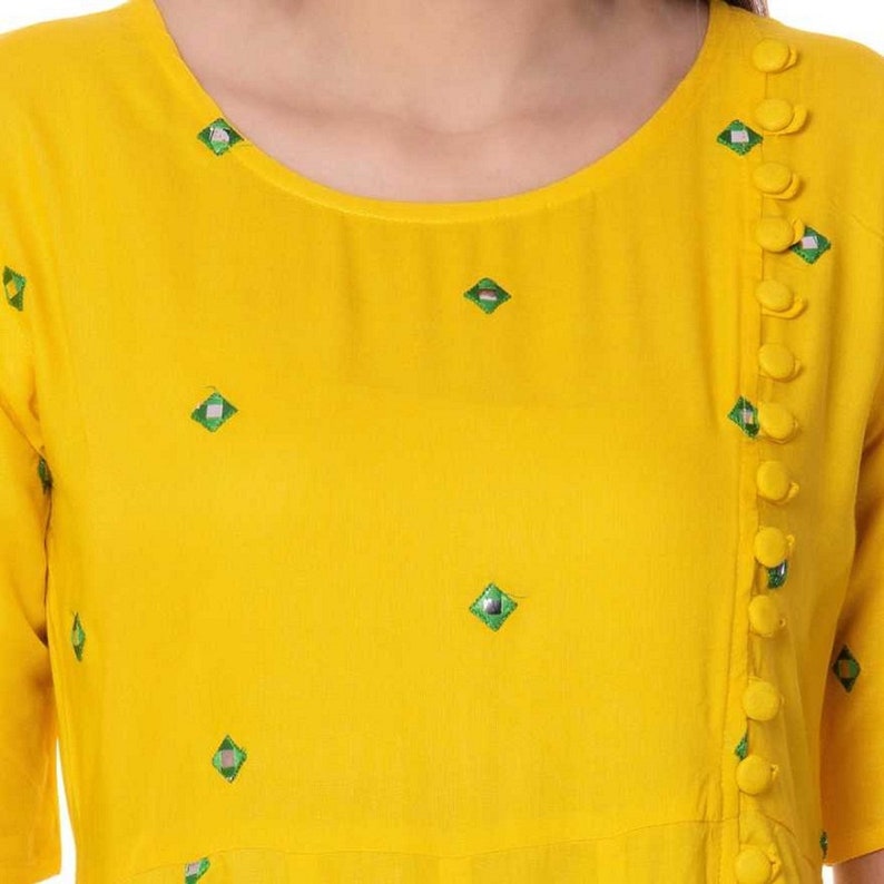 Indian Handmade Embroidered Full Mirrror Work Anarkali Rayon Kurti Yellow Kurtis boho wedding dress Pocket Kurtis Ethnic Kurtis