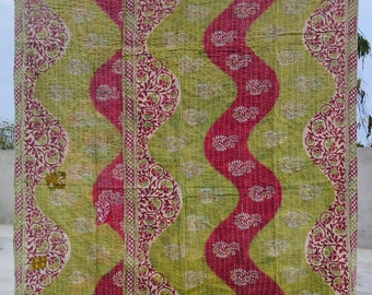 Couette indienne en coton Kantha réversible imprimée, drap de lit vintage, couvre-lits Gudri, couverture simple, cadeaux pour la fête des mères, cadeaux pour elle