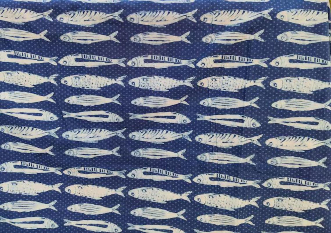 Indigo Blue Fish Print Cotton Fabric - Hand Block Printed Fabric Indian ...
